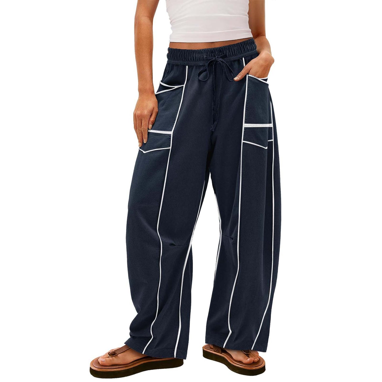 Y2K Black Striped Wide-leg Pants With Pockets Fashion Loose Drawstring Trousers Sports Sweatpants Women's Clothing
