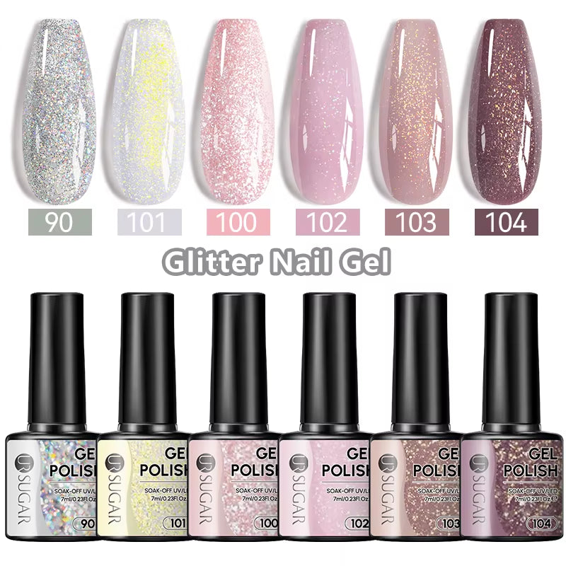 7Ml Champagne Gold Sequins Gel Nail Polish Bright Sparkling Glitter French Semi Permanent Nail Painting UV Gel